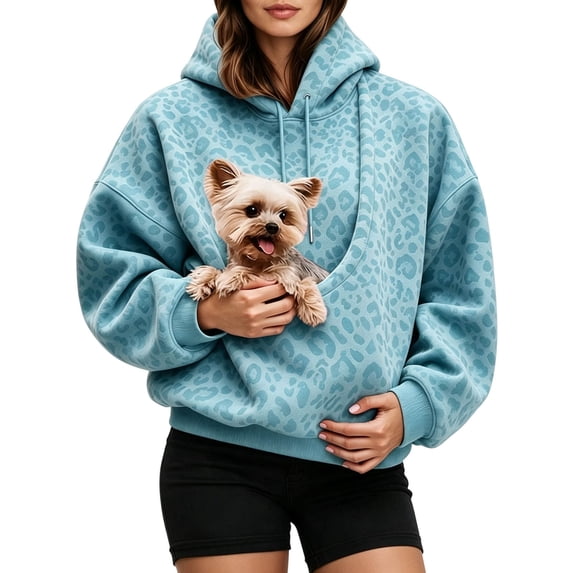 Tisuna Pet Pouch Hoodies For Womens, Leopard Print Dog Cat Pouch Hoodie Sweatshirts Kangaroo Pockets Holder, Stylish Animals Hoodies Size S-XXL, Sky Blue