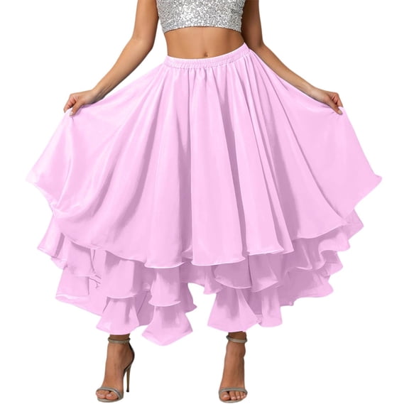 Tisuna Pink Long Skirt For Women Solid Color Elastic Waist Multi Layered Pleated Skirts Fashion Lightweight Ladies Mardi Gras Casual Wear