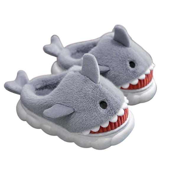 Tisuna Plush Slippers For Girls Boys Child Shark Print Soft Sole Easy On Shoes Comfortable Soft Autumn Winter Kids Slippers Grey Size 10.5-11 Years