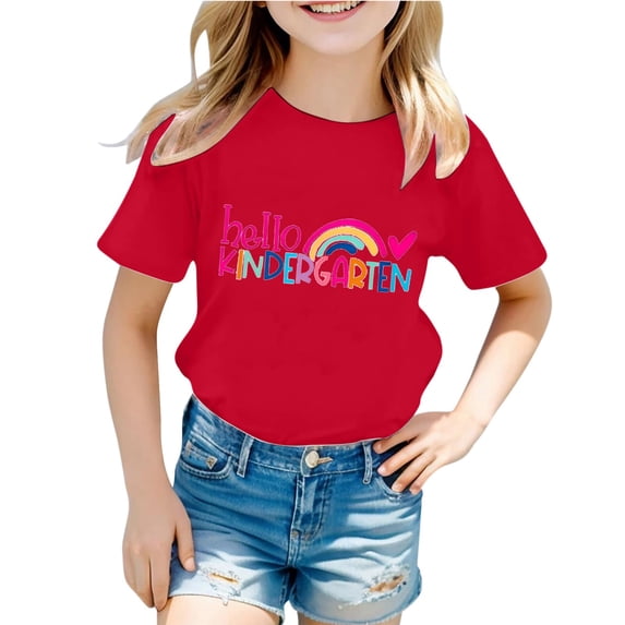 Tisuna Preschool T Shirts For Girls Letter Print Short Sleeve Crew Neck Tops Loose Kids Back To School Tees Size 6-7 Years Red