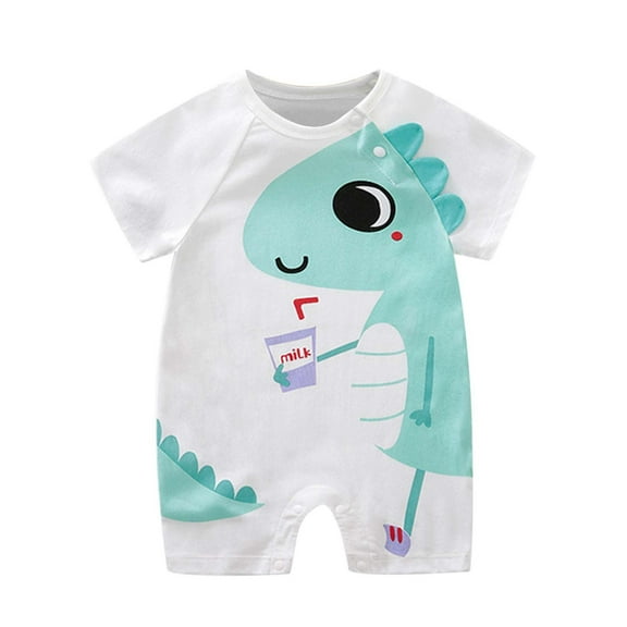 Tisuna Pullover Romper For Newborn Girls Boys Dinosaur Print Short Sleeve Crew Neck Jumpsuit Comfortable Soft Baby Kids Summer Bodysuit Size 6-12 Months