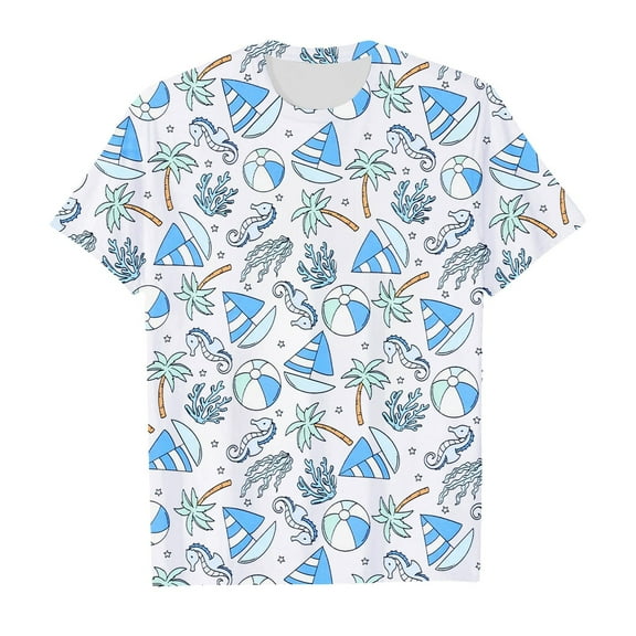 Tisuna Pullover Shirt For Girls Child Cartoon Print Short Sleeve Crew Neck Tops Breathable Casual Kids Summer Beach Outfits White Size 6-7 Years