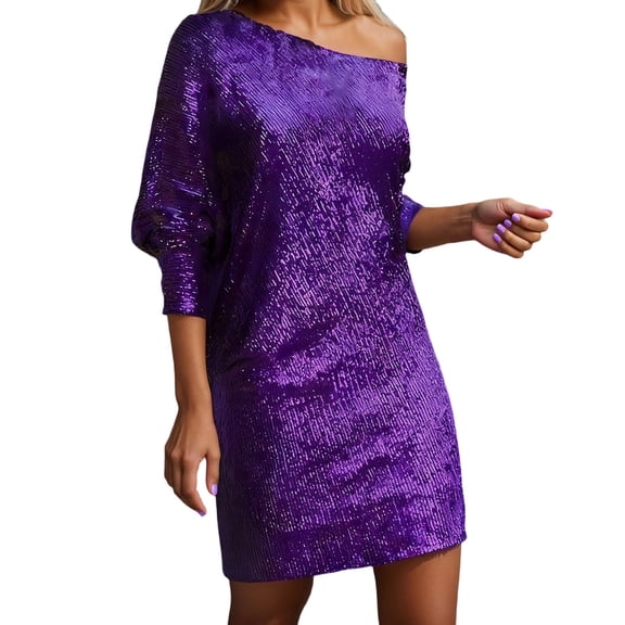 Tisuna Purple Casual Sparkly Dress For Women Solid Color Long Sleeve One Shoulder Dresses Fashion Stylish Ladies Mardi Gras Parties Dress Size M