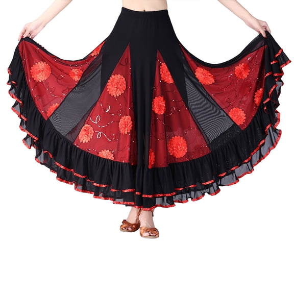 Tisuna Red Carnival'S Long Skirt For Women Color Block Floral Print Mid Waist Skirts Breathable Loose Fit Ladies Festival Performance Wear