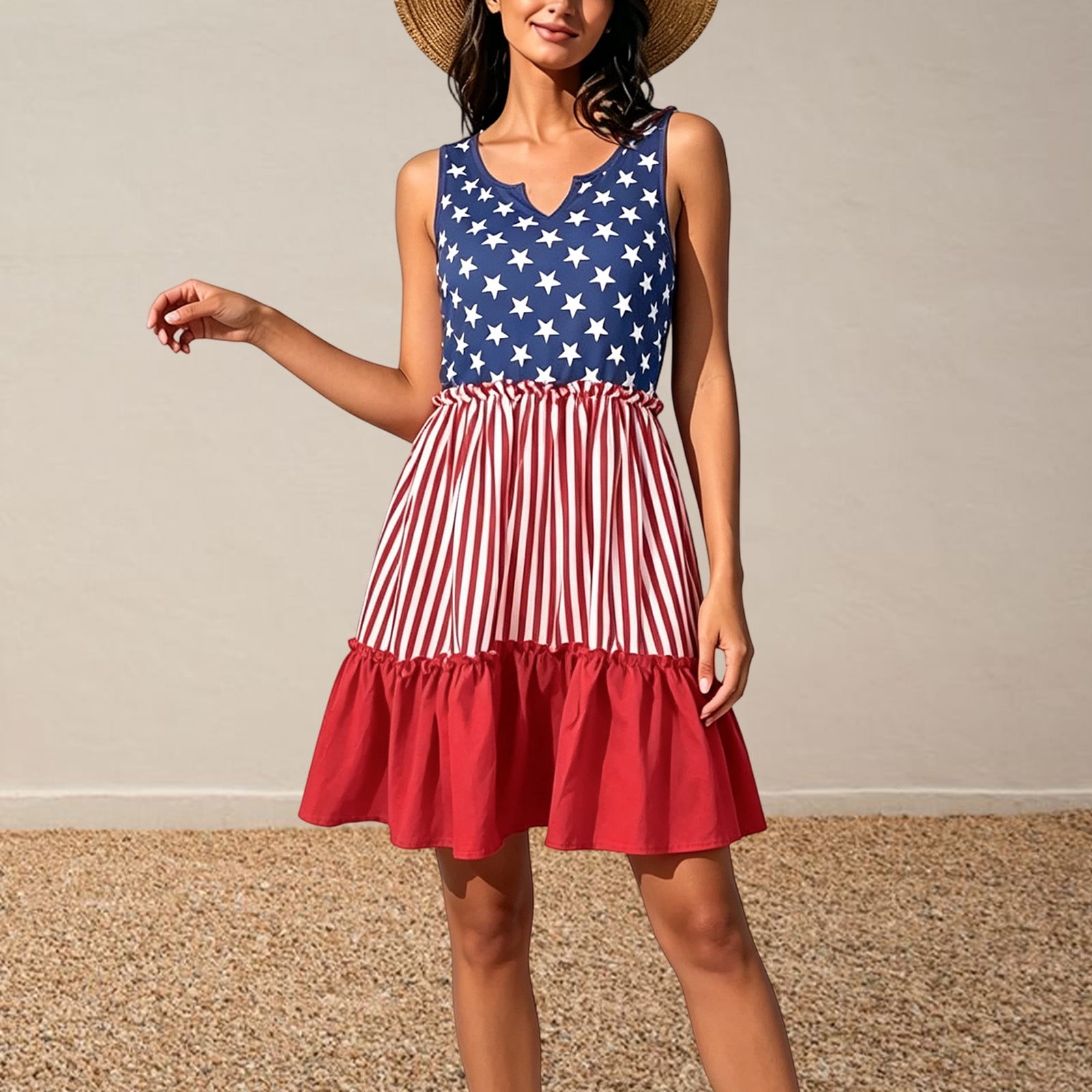 Tisuna Red Fourth Of July Dress For Women Star And Stripes Print Sleeveless V Neck Dresses Ladies Stylish Fit 250 Years Anniversary USA Dress Size L