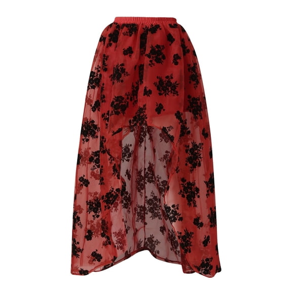Tisuna Red Ladies Front Short Back Floor-Length Irregular Skirts Floral Print With High Waist Mesh Skirt Women Festival Performance Mesh Skirt