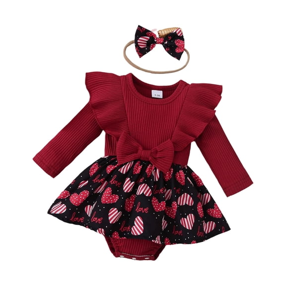Tisuna Romper Dresses For Girls Baby Heart Print Long Sleeve Crew Neck Bodysuit Fashion Cute Girls Valentine'S Day Spring Summer Dress With Headband Red Size 9-12 Months