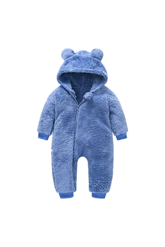 Romper Jacket For Newborn Girls Boys Solid Color Long Sleeve Hooded Coat Warm Cute Winter Kids Jumpsuit Jacket Blue Size 0-6 Months
