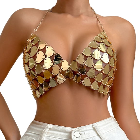 Tisuna Sexy Clothes For Women Sequin Solid Color Sleeveless Halter Cropped Tops Fashion Modern Ladies Carnival Parties Club Tank Tops Gold