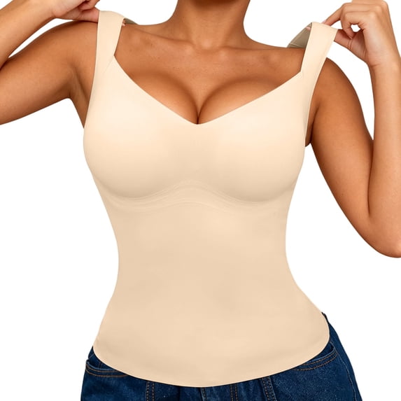 Tisuna Shapewear Tank Tops For Women Tummy Control Seamless Tops V Neck Body Shaper Camisole Size L Beige