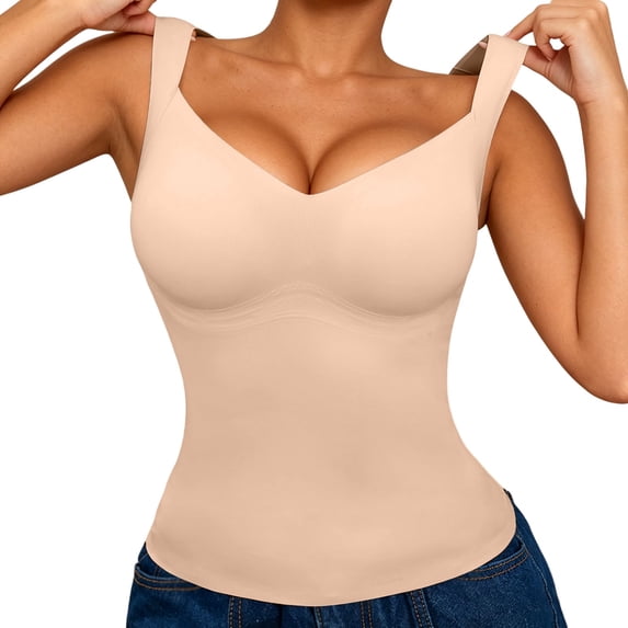 Tisuna Shapewear Tank Tops For Women Tummy Control Seamless Tops V Neck Body Shaper Camisole Size L Light Pink