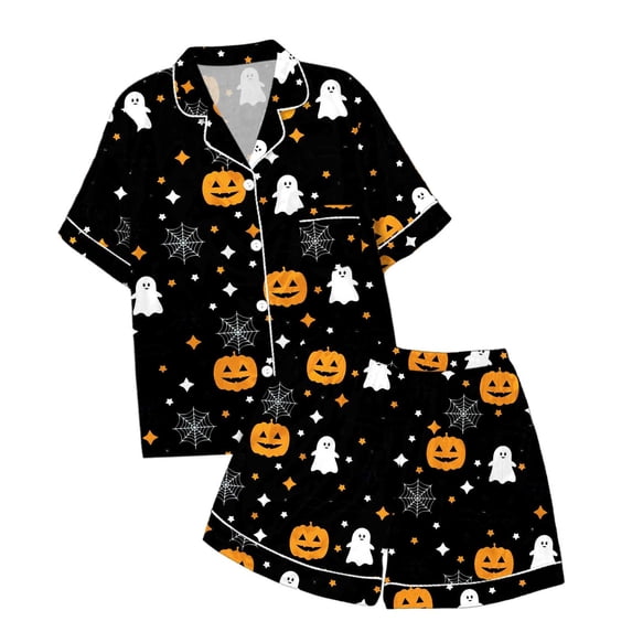Tisuna Short Sleeve Halloween Pajamas Set For Girls Pumpkin Ghost Print Collared Tops And Shorts Pjs Set Loose Fit Casual Kids Halloween 2 Pieces Loungewear For Age 2-13 Years