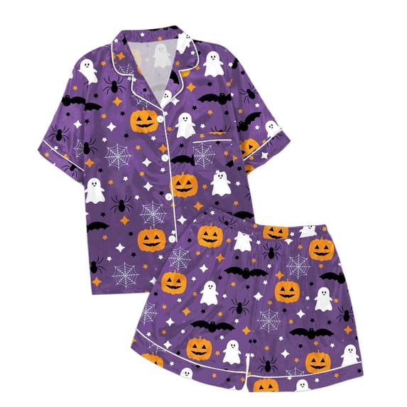 Tisuna Short Sleeve Halloween Pajamas Set For Girls Pumpkin Ghost Print Collared Tops And Shorts Pjs Set Loose Fit Casual Kids Halloween 2 Pieces Loungewear For Age 2-13 Years