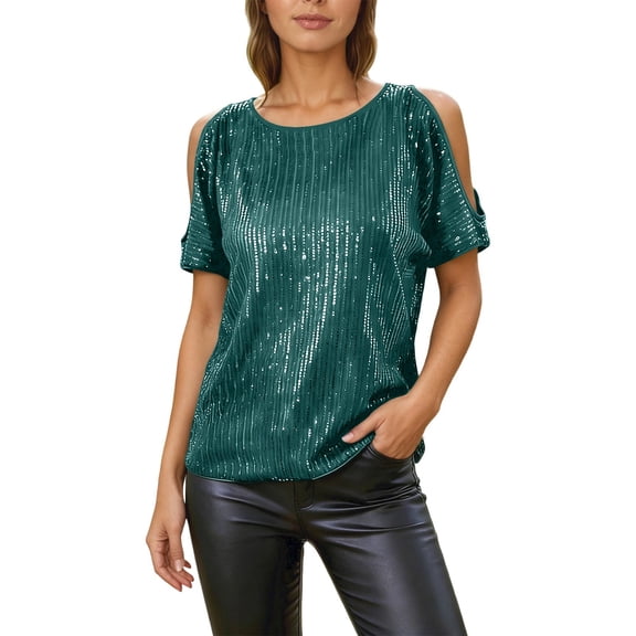 Tisuna Short Sleeve Shirt Tops For Women Sequin Solid Color Crew Neck Off The Shoulder Tees Ladies Casual Comfortable Carnival Blouse Green