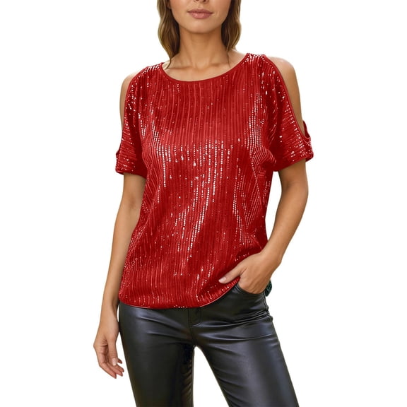 Tisuna Short Sleeve Shirt Tops For Women Sequin Solid Color Crew Neck Off The Shoulder Tees Ladies Casual Comfortable Carnival Blouse Red