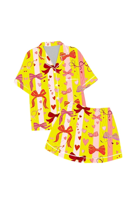 Silk Sleep Outfit Set For Kids Girls Bow Print Short Sleeve Button Down Shirts And Shorts Set Stylish Fit Teen Girls 2 Pieces Summer Indoor Housewear