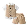 thumbnail image 1 of Tisuna Solid Color Gentleman Outfits For Toddler Boys Short Sleeve Lapel Collar Shirts Button Down Vest Elastic Waist Shorts Set Comfortable Little Boys Summer Clothes Khaki, 1 of 7