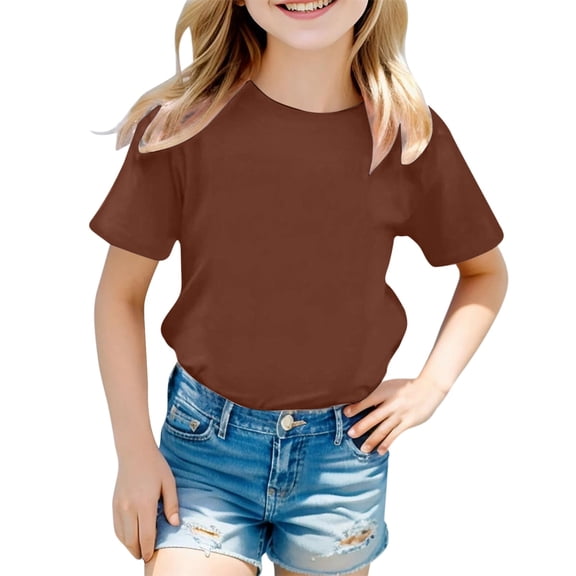 Tisuna Solid Color Summer Tshirt For Girls Child Short Sleeve Crew Neck Tops Breathable Soft Girls Pullover Holiday School Casual Wear Brown Size 10-11 Years