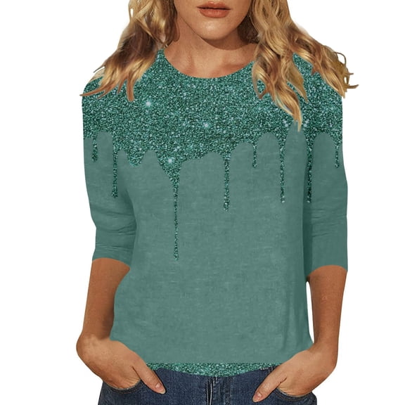 Tisuna Stylish Carnival Blouse For Women Sequin Print Cropped Sleeve Crew Neck Tops Fashion Lightweight Ladies Parties Sparkling Shirt Dark Green