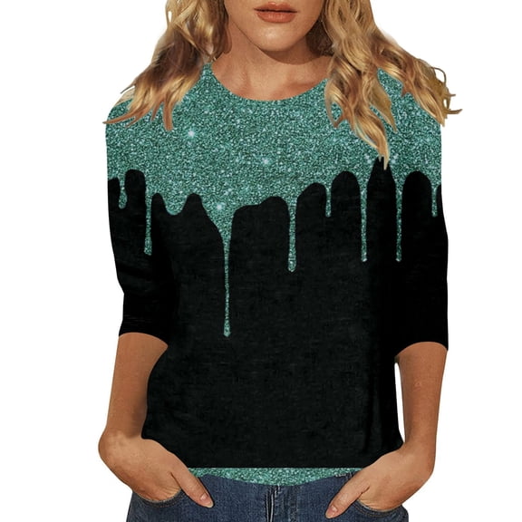 Tisuna Stylish Carnival Blouse For Women Sequin Print Cropped Sleeve Crew Neck Tops Fashion Lightweight Ladies Parties Sparkling Shirt Dark Green