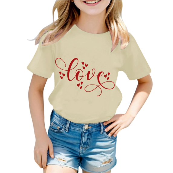 Tisuna Stylish Fit Summer T-Shirt For Girls Valentine Love Print Short Sleeve Crew Neck Tops Fashion Cute Girls Festival Outfits Beige Size 3-4 Years