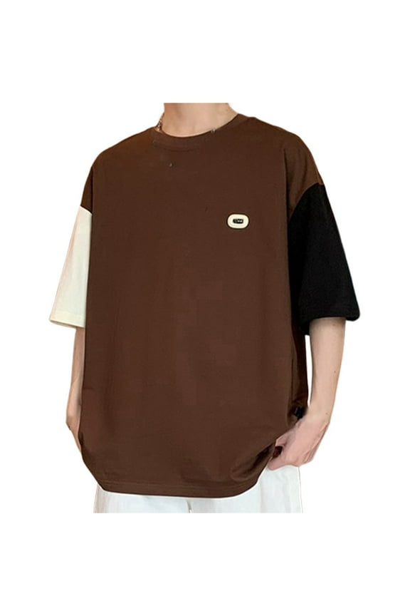 Stylish Fit T-Shirt For Men Color Block Short Sleeve Crew Neck Tops Fashion Lightweight Male School Work Street Shirts Coffee Size M