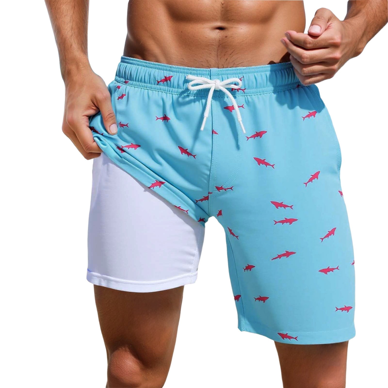 Tisuna Stylish Men's Swim Shorts Shark Print Drawstring Elastic Waist Straight Leg Trunks With Liner Male Casual Summer Beach Vacation Pool Party Shorts Sky Blue Size Xxxl