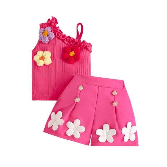 Tisuna Stylish Outfit Set For Infant Girls Flower Print Sleeveless Off The Shoulder Tops With A-Line Shorts Comfortable Beauty Baby Girls Summer 2 Pieces Matching Set Hot Pink