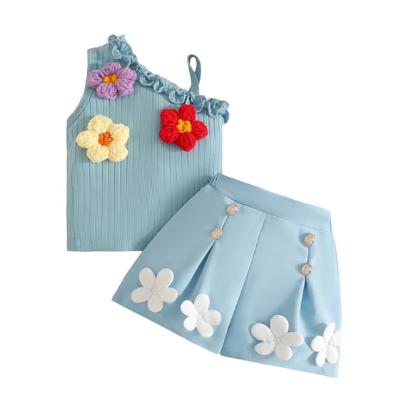 Tisuna Stylish Outfit Set For Girls Flower Print Sleeveless Off The Shoulder Tops With A-Line Shorts Comfortable Beauty Baby Girls Summer 2 Pieces Matching Set Blue