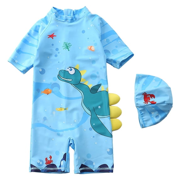Tisuna Summer Bathing Suit For Toddler Boys Dinosaur Print Short Sleeve Crew Neck Romper Fashion Comfortable Kids Boys Pool Beach Swimsuit With Hat Light Blue Size 6-7 Years
