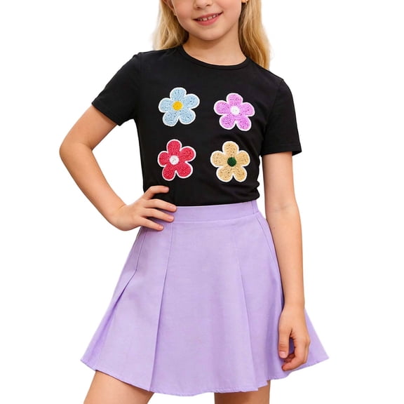 Tisuna Summer Clothing Set For Little Girls Flower Print Short Sleeve Crew Neck Tops With Pleated Skirt Breathable Casual Big Kids Stylish 2 Pieces Outfit Set Black