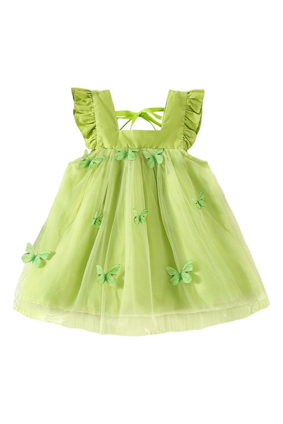 Summer Dresses For Girls Floral Print Fly Sleeve Square Neck Dresses Comfortable Casual Baby Girls Casual Summer Street Playwear Dress Size 12-18 Months Green