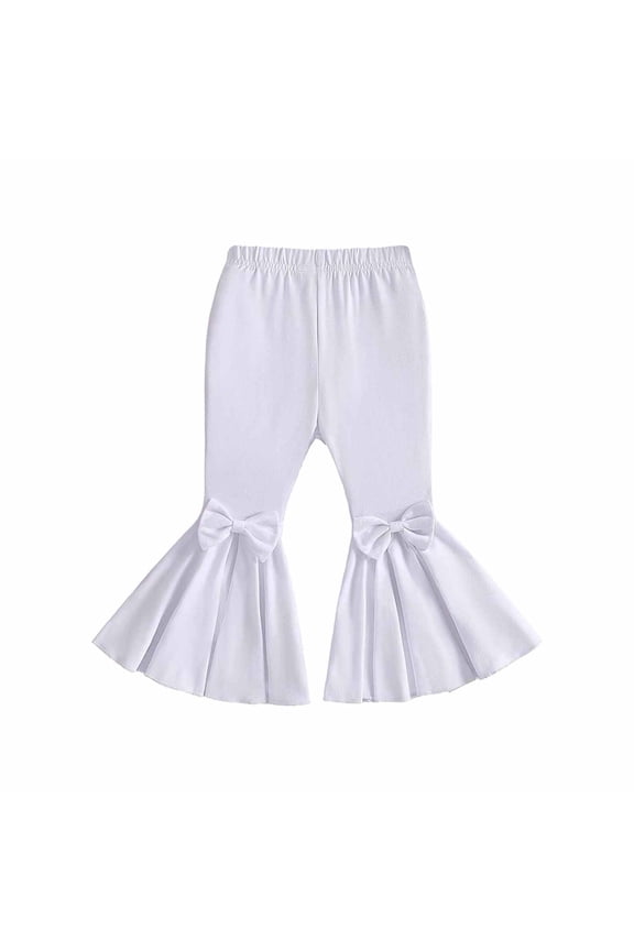 Summer Girls Pants With Bow Elastic Waistline Kids Lightweight Flared Trousers For Warm Weather Toddler Playful Dressed Up Pants White Size 2-3 Years