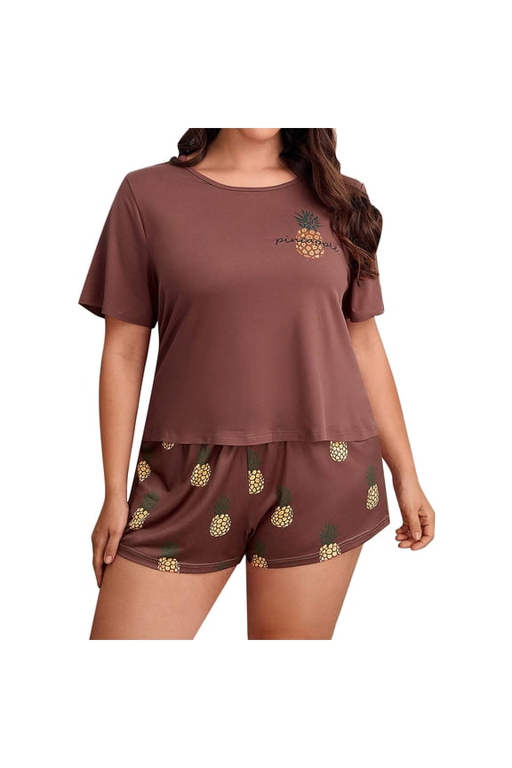 Summer Pajamas For Women Plus Size Crew Neck Short Sleeve Pineapple Print Shorts Pjs Set Soft Breathable 2 Pieces Sleepwear Outfits Coffee Size Xxl