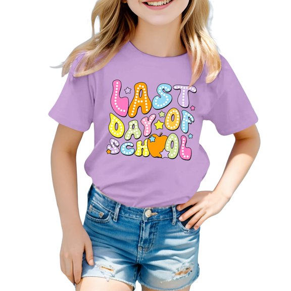 Tisuna Summer Shirts For Girls Boys Child Cartoon Letter Print Short Sleeve Crew Neck Tops Comfortable Soft Kids Last Day Of School Wear Purple Size 3-4 Years