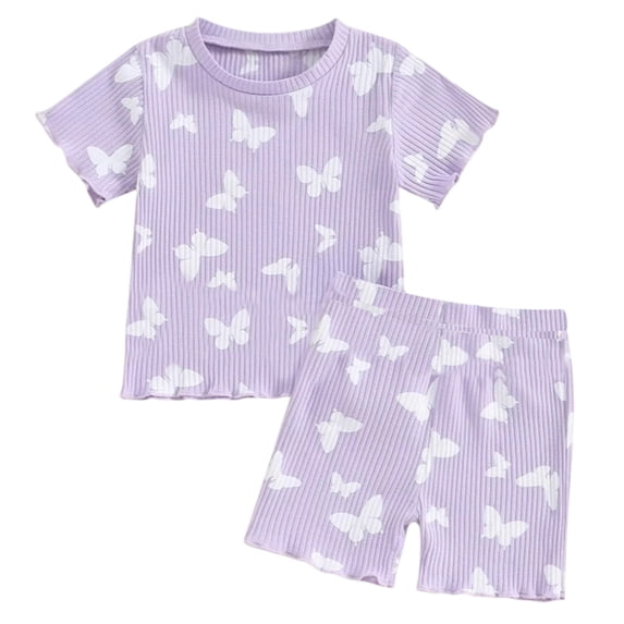Tisuna Summer Short Sleeve Pajamas For Girls Toddler Floral Print Crew Neck Tops And Shorts Set Breathable Soft Baby Girls 2 Pieces Sleepwear Purple Size 18-24 Months
