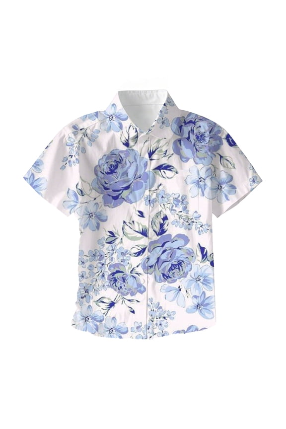 Summer T Shirt For Boys Child Floral Print Short Sleeve Lapel Neck Tops Handsome Breathable Kids Button Down Shirt Sky Blue Size 5-6 Years