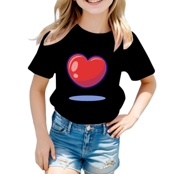 Tisuna Summer T Shirt For Child Girls Heart Print Short Sleeve Crew Neck Tops Lightweight Soft Girls Summer Daily Wear Clothes Black Size 12-13 Years