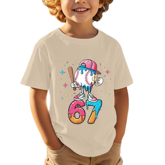 Tisuna Summer Tees For Little Girls Boys 67 Print Short Sleeve Crew Neck Tops Fashion Loose Toddler Kids Summer Pullover Shirts Beige Size 5-6 Years