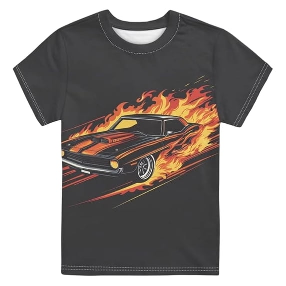 Tisuna Summer Tshirts For Boys Girls Cartoon Car Print Short Sleeve Crew Neck Tops Breathable Casual Kids Retro Daily Tees, Size 1-13 Years, Black