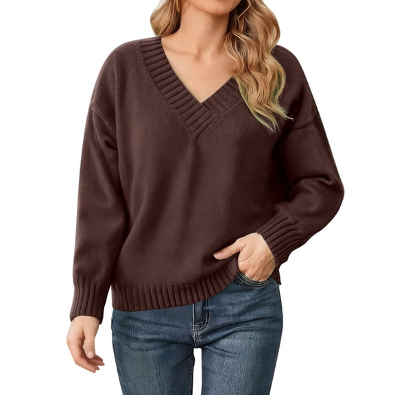 Tisuna Sweaters For Women Solid Color Long Sleeve V Neck Tops Soft Breathable Lady Women Fall Winter Knitwear Clothes Coffee Size S