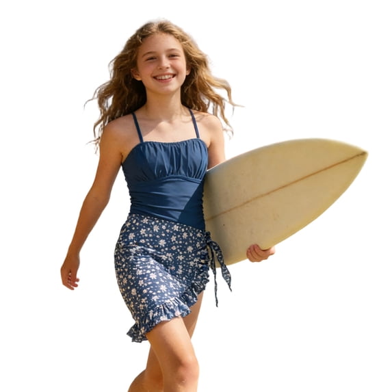 Tisuna Swimwear For Girls Solid Color Sleeveless Suspender Tops And Floral Print Bottom Swimsuit Soft Leisure Kids Summer Hawaii Beach Wear Navy Size 13-14 Years