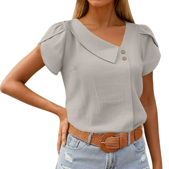 Tisuna T-Shirts For Women Solid Color Short Sleeve V Neck Top Comfortable Stylish Female Business Work Summer Outfits Size M