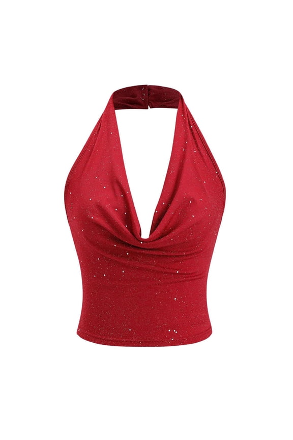 Tank Tops For Women Summer Halter Neck Sleeveless Elegant Shirt Ladies Backless Going Out Party Cami T-Shirt Size M Red