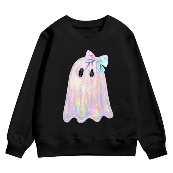 Tisuna Girl'S Halloween Sweatshirts Ghost Print Long Sleeve Crewneck Sweatshirt Kids Comfort Fit Theme Party Daily Tees Shirts Size 3-4 Years Black
