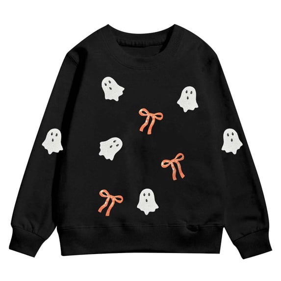 Tisuna Girl'S Halloween Sweatshirts Ghost Print Long Sleeve Crewneck Sweatshirt Kids Comfort Fit Theme Party Daily Tees Shirts Size 3-4 Years Black