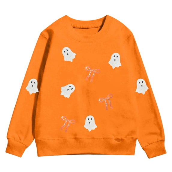 Tisuna Girl'S Halloween Sweatshirts Ghost Print Long Sleeve Crewneck Sweatshirt Kids Comfort Fit Theme Party Daily Tees Shirts Size 3-4 Years Orange