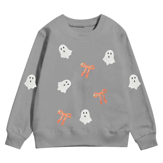 Tisuna Girl'S Halloween Sweatshirts Ghost Print Long Sleeve Crewneck Sweatshirt Kids Comfort Fit Theme Party Daily Tees Shirts Size 5-6 Years Grey