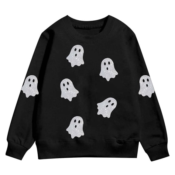 Tisuna Girl'S Halloween Sweatshirts Ghost Print Long Sleeve Crewneck Sweatshirt Kids Trendy Theme Party Daily Tops Clothes Size 3-4 Years Black