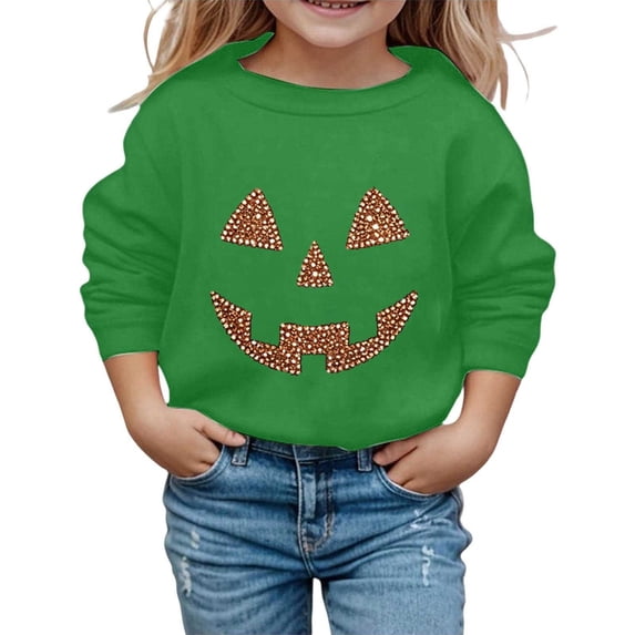Tisuna Girls Halloween Sweatshirts Pumpkin Print Long Sleeve Crew Neck Tops Fashion Kids Theme Party Sweatshirt Size 13-14 Years Green